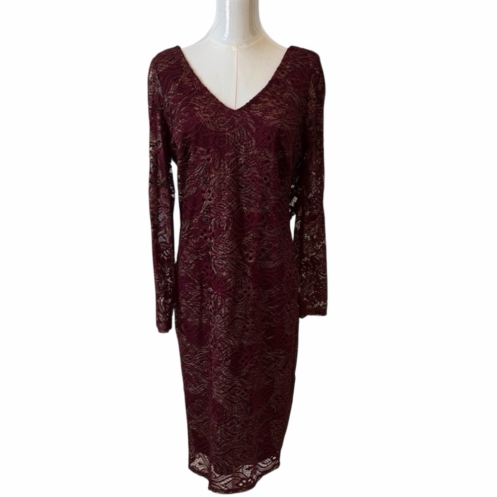 MARINA Burgundy and Gold Long Sleeve Lace Overlay Backless Size 8